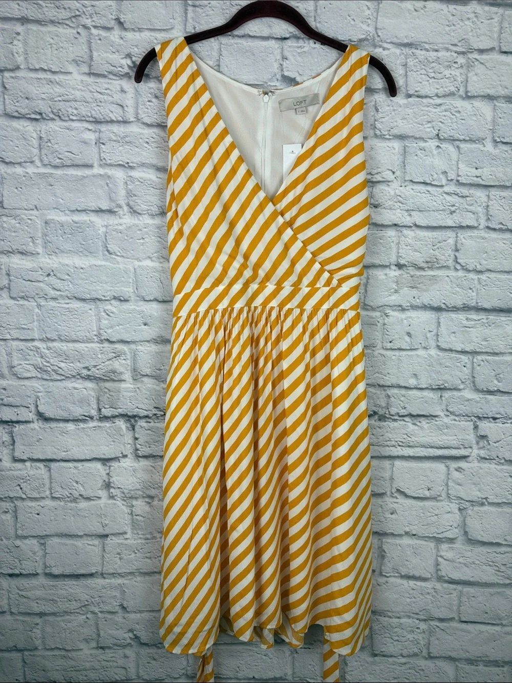 LOFT Yellow and White Striped Dress Tie Waist NWT Size 12
